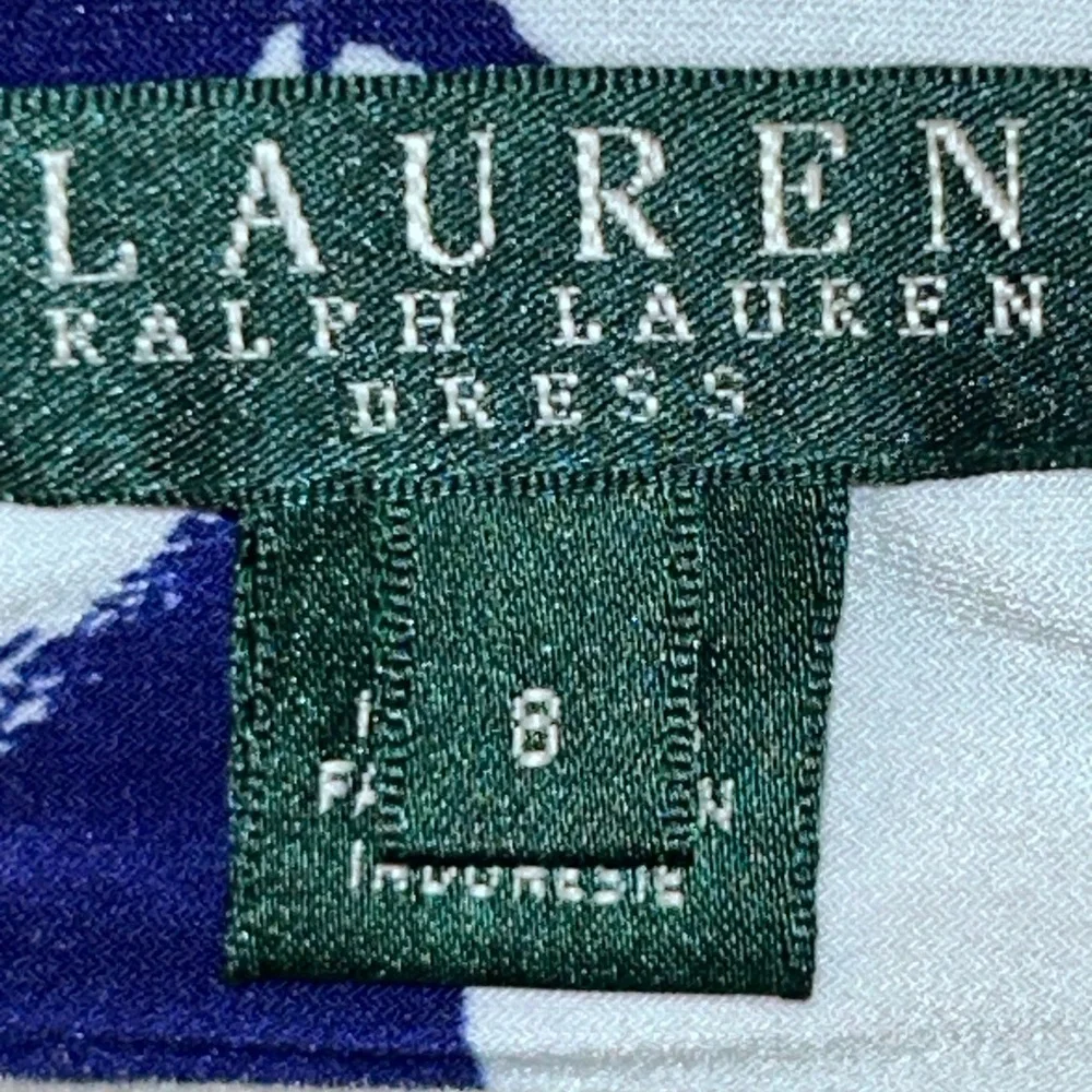 Lauren Ralph Lauren floral Dress blue white ruched waist 8 EUC CHURCH DINNER
